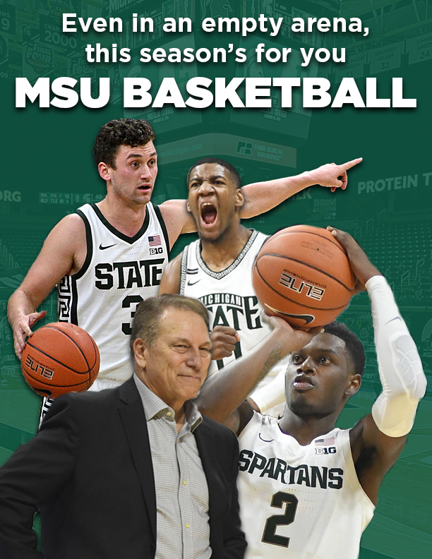 A design of MSU basketball players in front of an empty Breslin Center